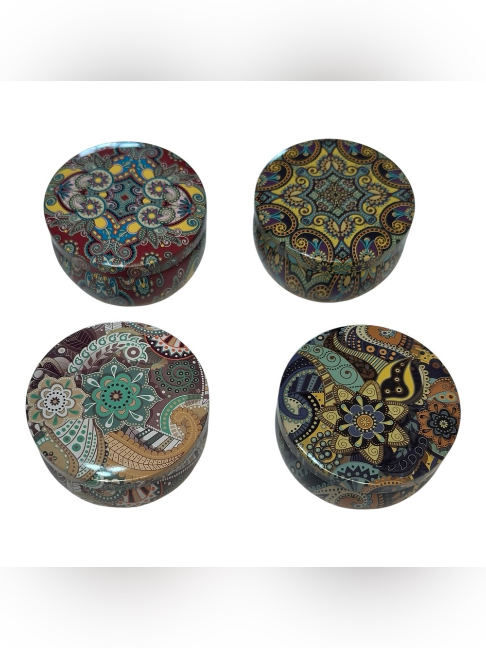 Set of 4 Small Scented Candle Tins Boho Mandala Floral Decorative Travel Candles